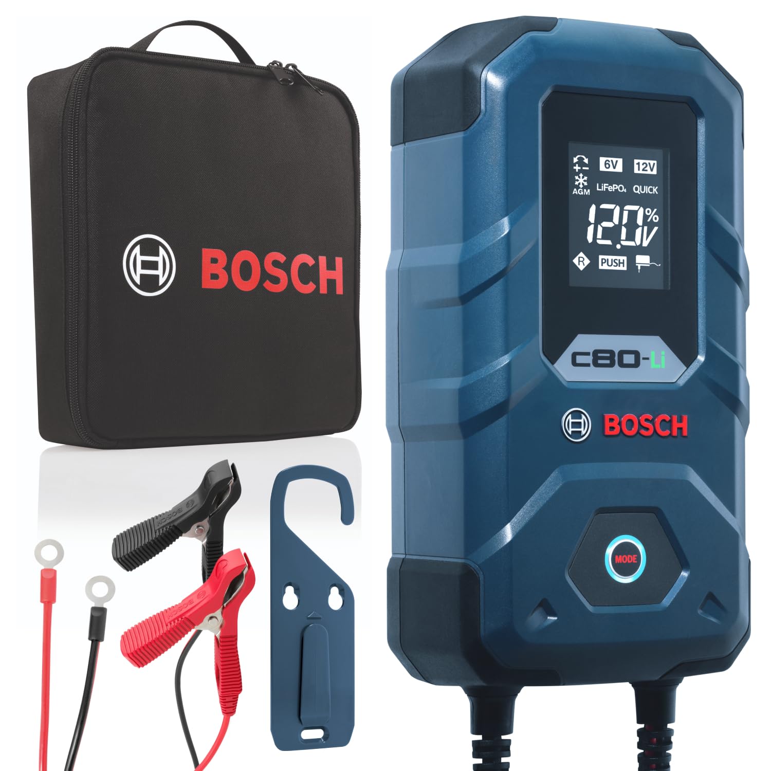 Bosch C80-Li Caricabatterie per auto, 12 V/15 A con Carica di Mantenimento - Per Batterie al Piombo-Acido, EFB, GEL e AGM e SLI da 6 V/12 V e al Litio (LiFePO₄)
