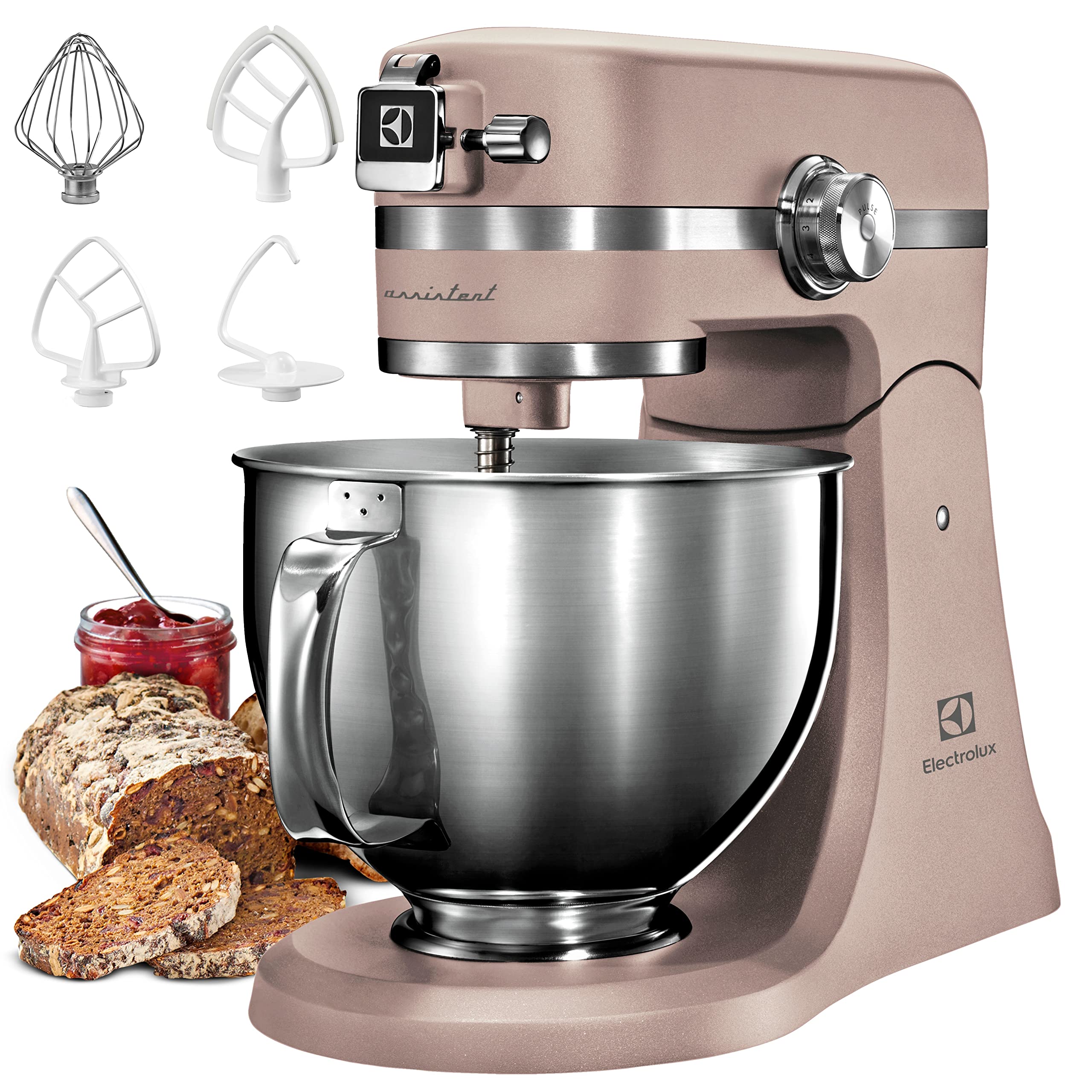 Electrolux EKM5570 Impastatrice Planetaria in Acciaio Inox, Motore 1200W e 10 Velocità, con Frusta e Coperchio, 360x370x210mm, Sabbia