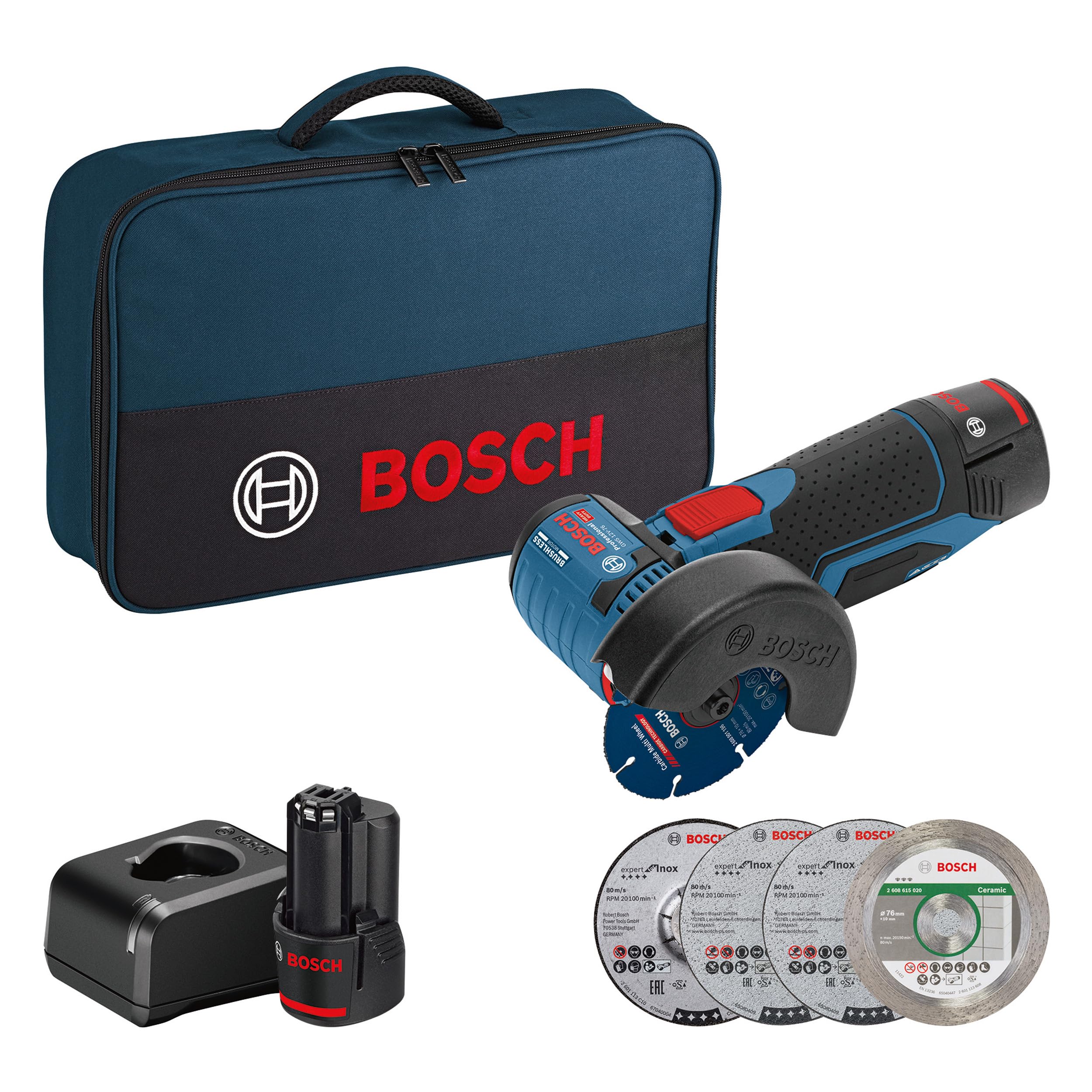 Bosch Professional 06019F200C Smerigliatrice Angolare GWS 12 V 76 (Sistema da 12 Volt, 2 batterie da 2.0 Ah, 5 Pezzi Set di Dischi da Taglio e Molatura, in Borsa), Blu, Size