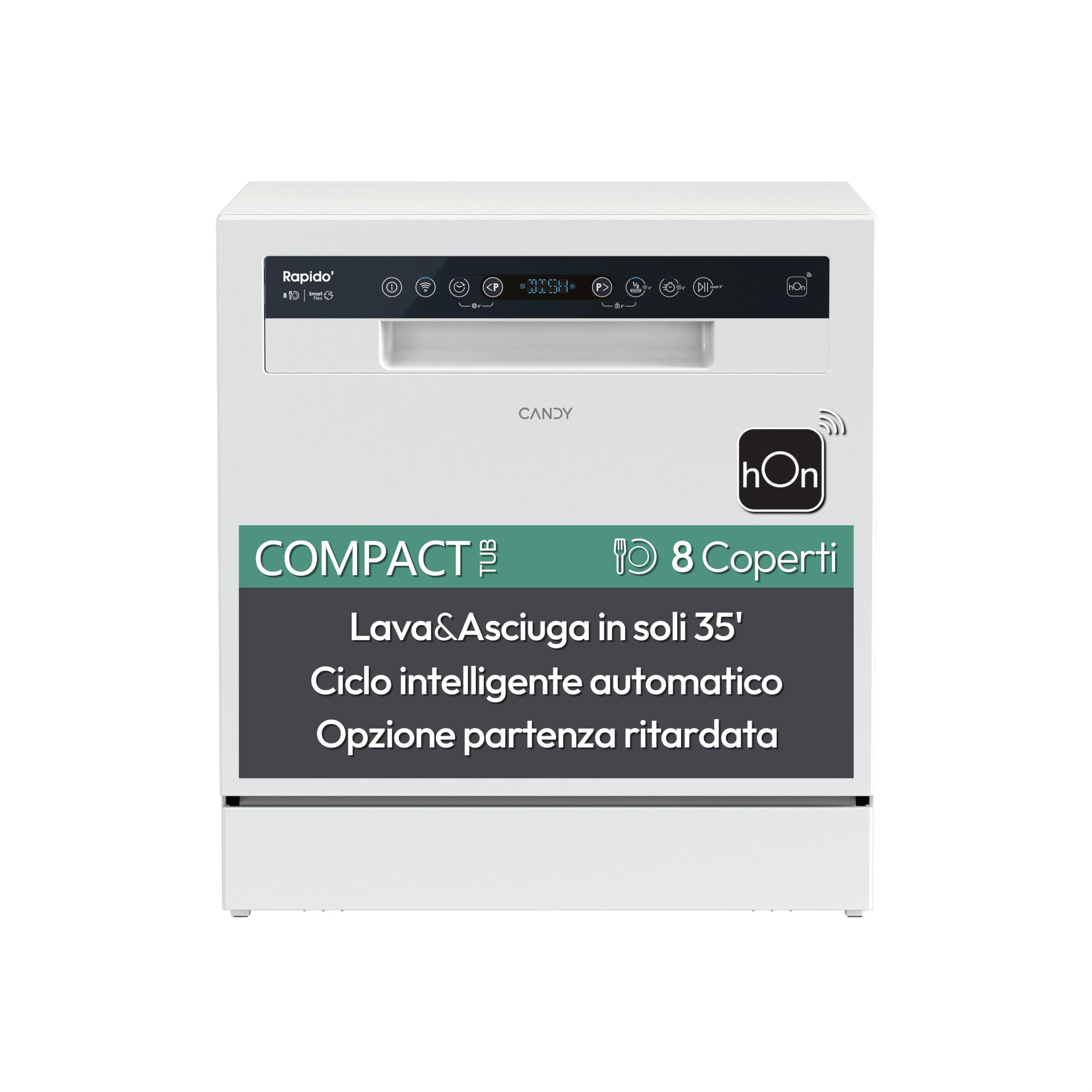 Candy Rapido' CP 8F9FFW Lavastoviglie Compatta, 8 Coperti, 8 Programmi, Lavaggio e asciugatura in 35', Partenza ritardata, AxLxP 59,5x50,1x55 cm, Bianco [Classe di efficienza energetica F]