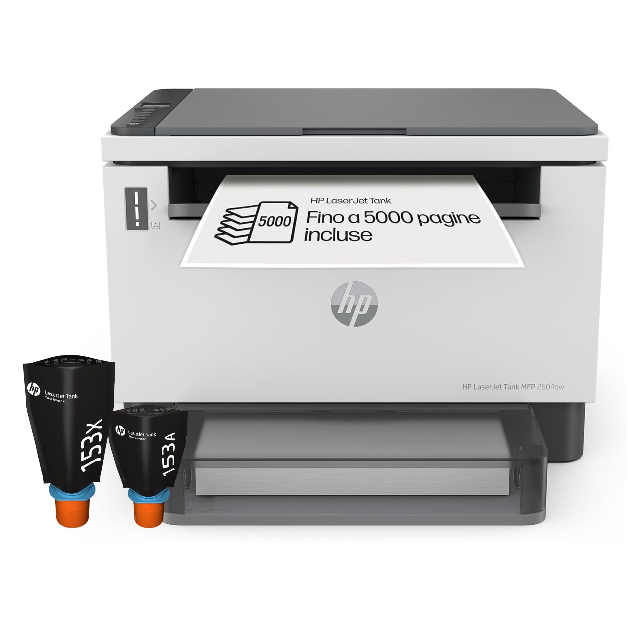 HP Laser Tank 2604dw 381V0A, Stampante Monocromatica Multifunzione con Serbatoio Toner integrato a Ricarica Rapida, Stampa F/R Automatica, 22 ppm, Fino a 5000 Pagine, Scansione A4, Wi-Fi, USB, Bianca
