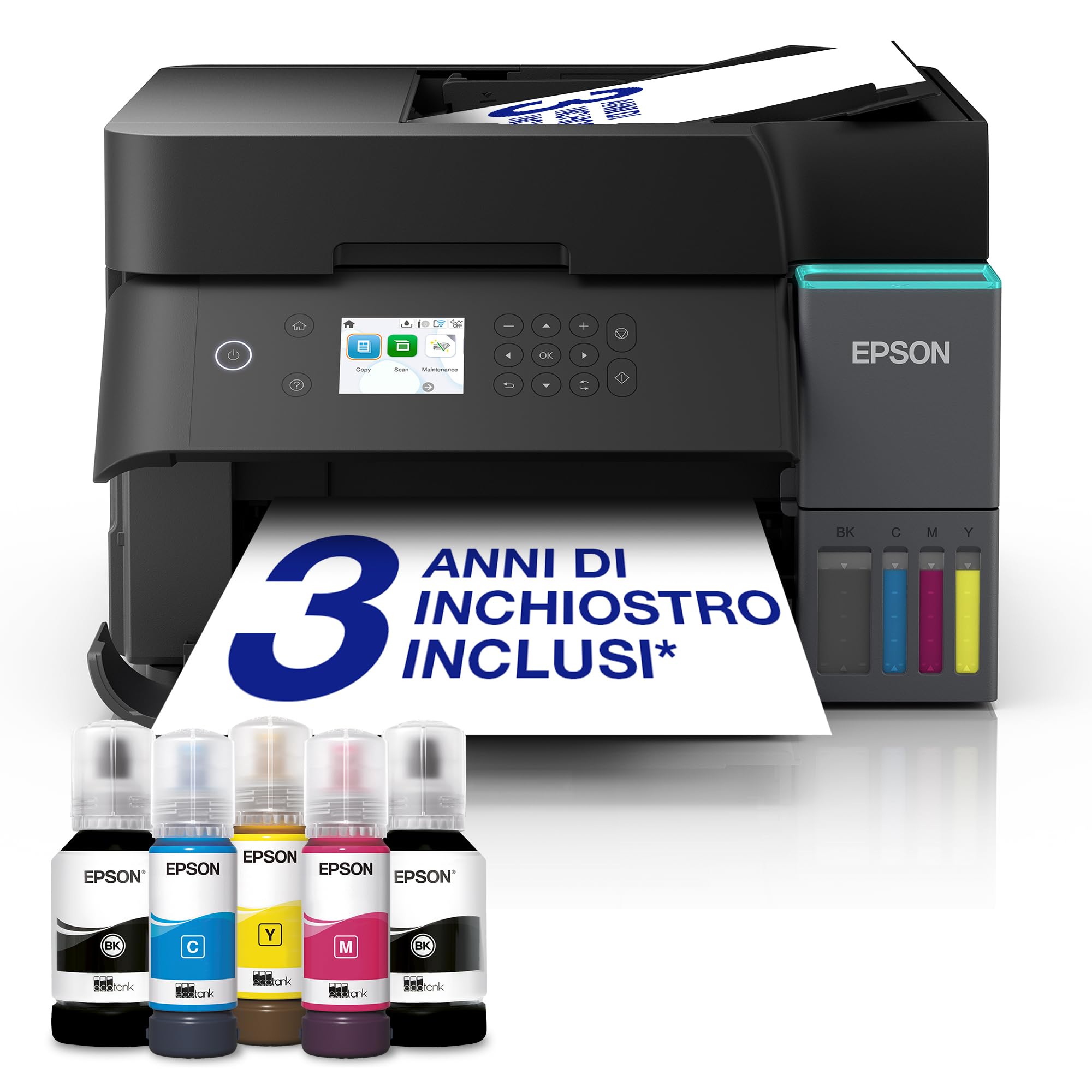 Epson EcoTank ET-3850 Stampante Multifunzione A4, Serbatoi Ricaricabili Alta Capacità, 5 Flaconi Inclusi pari a 14000pag B/N 5200pag Colore, Display LCD, Wi-Fi/Direct