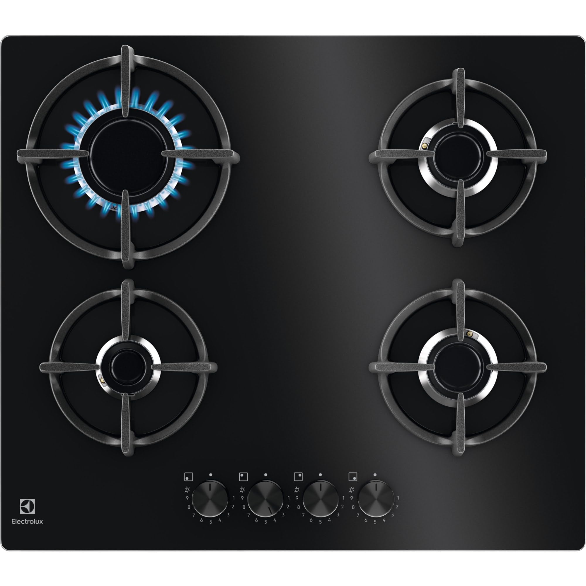 Electrolux Piano Cottura Gas EGG64272K Serie 600 Gas on Glass 60cm da Incasso, 4 Fuochi, Bruciatore Rapido, Bruciatore Wok, Precisa Regolazione della Fiamma, Sicurezza Sicurgas, 590x520cm, Nero