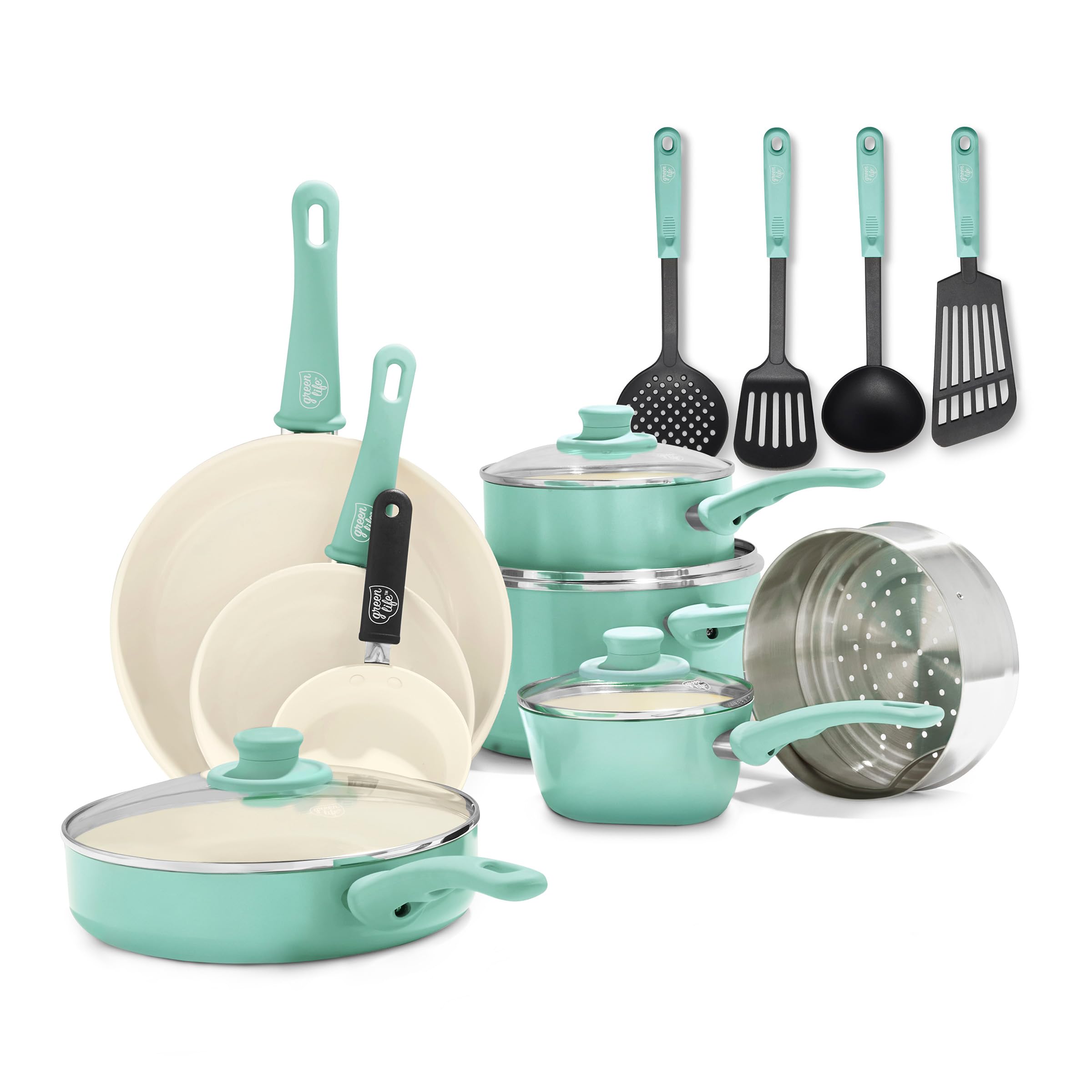 GreenLife Soft Grip Batteria di Pentole 16 Pezzi, Padella 12/18/24cm, Casseruola con Coperchi, Pentola 15/18 cm, Lavabile in Lavastoviglie, Forno Sicuro, Turchese