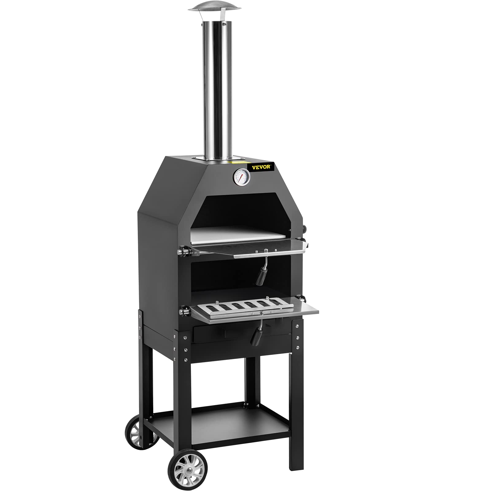 VEVOR Forno per pizza per esterni, forno a legna da 12 pollici, forno per pizza a 2 strati, forno a legna con 2 ruote rimovibili, forni per pizza a legna con temperatura massima di 1200°C per barbecue