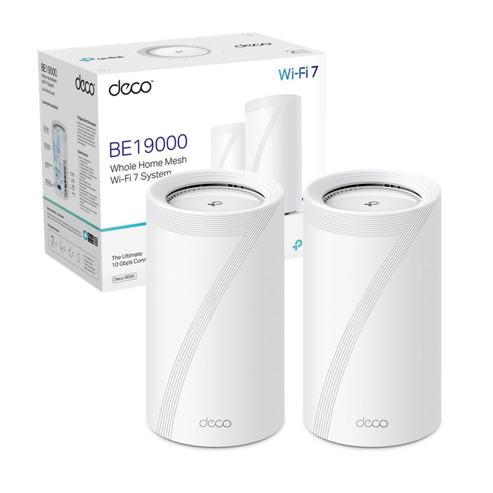 TP-Link WiFi 7 Deco BE85(2-pack) Router Mesh WiFi, BE19000Mbps Tri-Band, Canali 320 MHz, Porta 10Gbps Combinata Ethernet/Fibra, Ripetitore, Alexa, Funziona con Qualsiasi ISP e Modem, 2 Pacchi