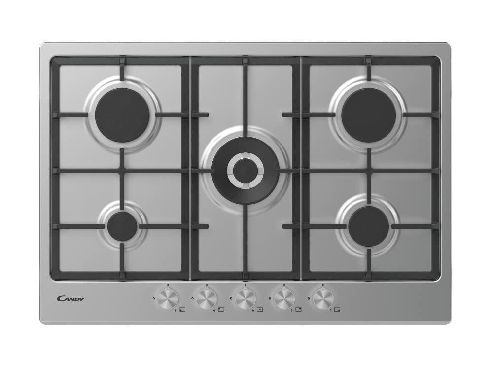 Candy CHG74WPX, piastra a gas, 5 fuochi, 75 cm integrabile in cavità 60 cm, gas naturale adattabile a gas butano, 12,15 KW, 3 griglie lavabili in lavastoviglie, valvola di sicurezza Sicurflame,