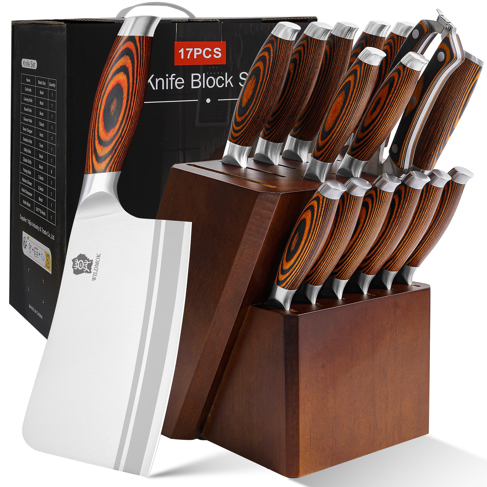 WILDMOK Set di coltelli Set di coltelli da 17 pezzi con ceppo di legno - Set di posate perfette in acciaio tedesco Regalo