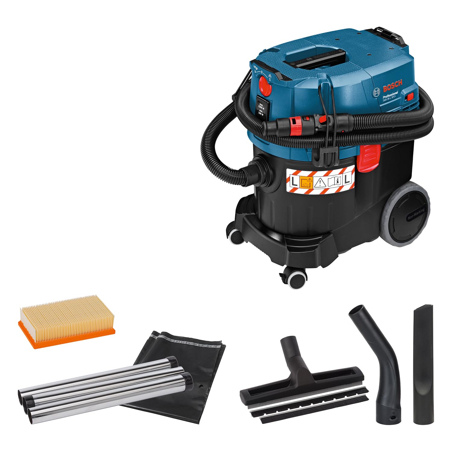 Bosch Professional Asp. a umido/a secco GAS 35 L SFC+ (incl. tubo fless. 3m, mod. filtro, tubo aspir. 3x0,35m, set bocch. pavim., raccordo, bocch. a lancia, 1 filtro in cell. piegh. piatto, sacch.)