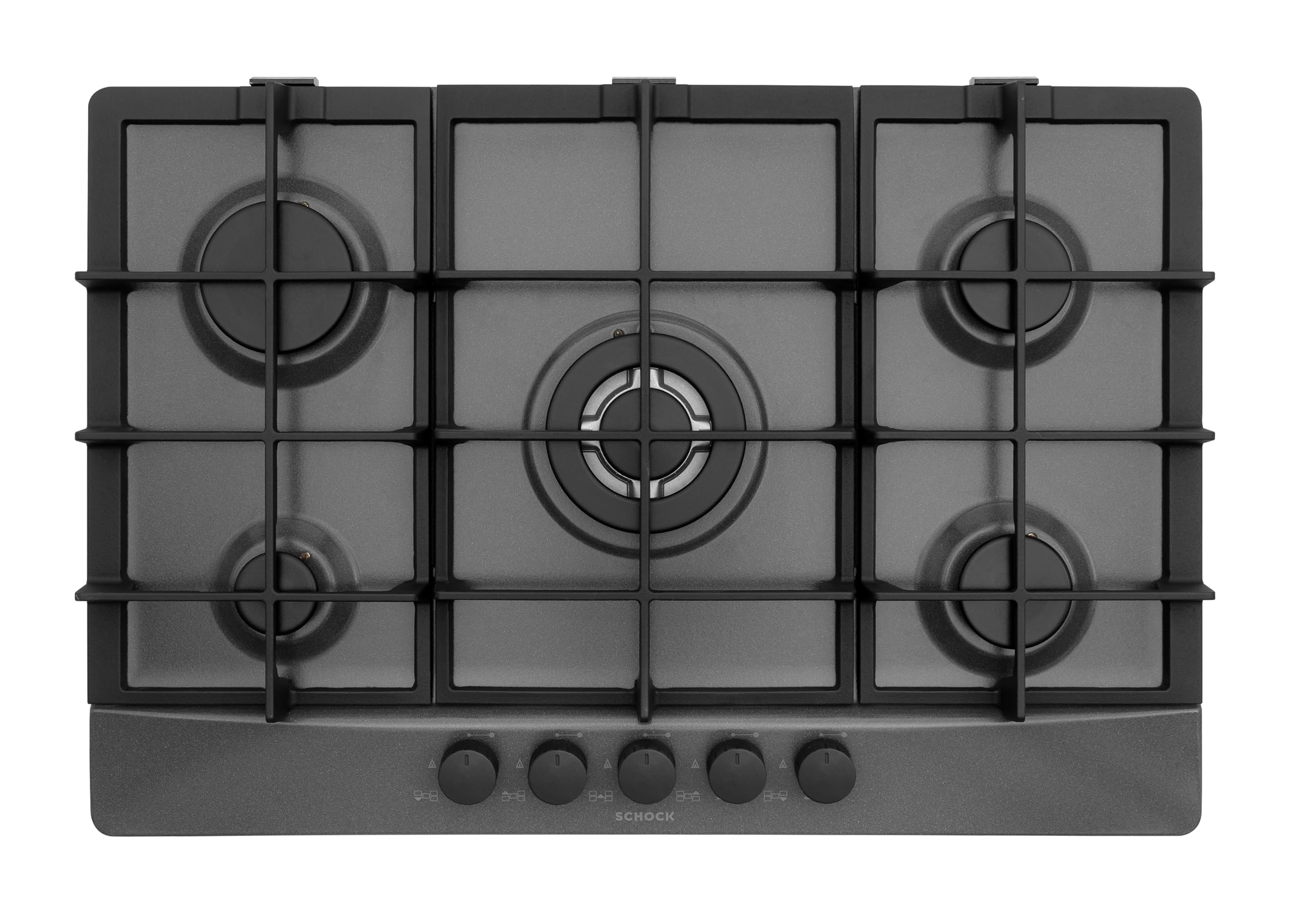 SCHOCK | Piano Cottura 5 Fuochi Gas Primus PC75 con Manopole Nere Opache Soft-Touch, Griglie in Ghisa, Valvole di Sicurezza, Asphalt, 740x500 mm
