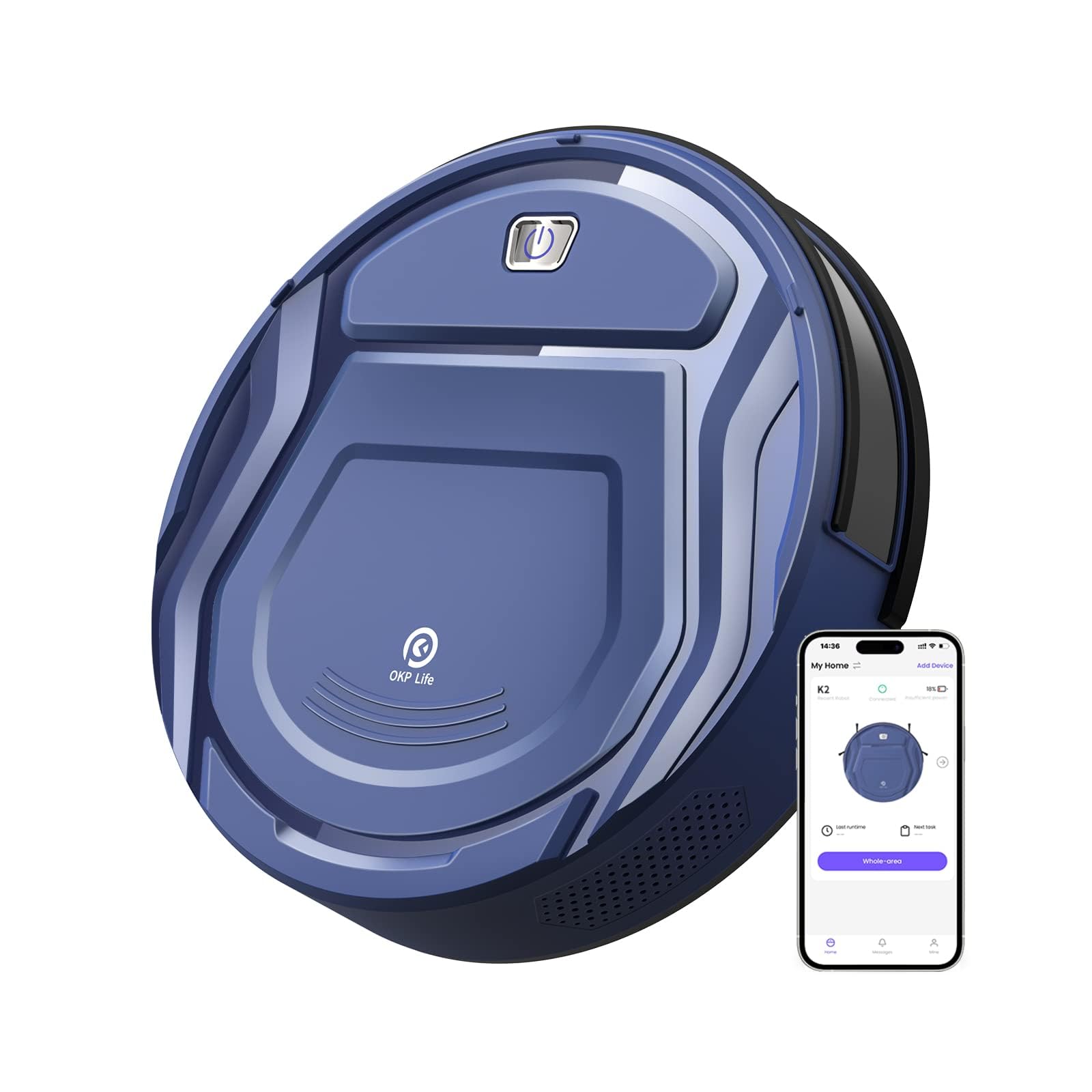 OKP Robot Aspirapolvere K2, Evitamento Ostacoli Freemove 3.0, 2100Pa, 120 Minuti, Ultra Silenzioso e Sottile, 4 Modalità di Pulizia, WiFi/App/Alexa, Adatto per Pavimenti Duri/Tappeti/Animali, Blu