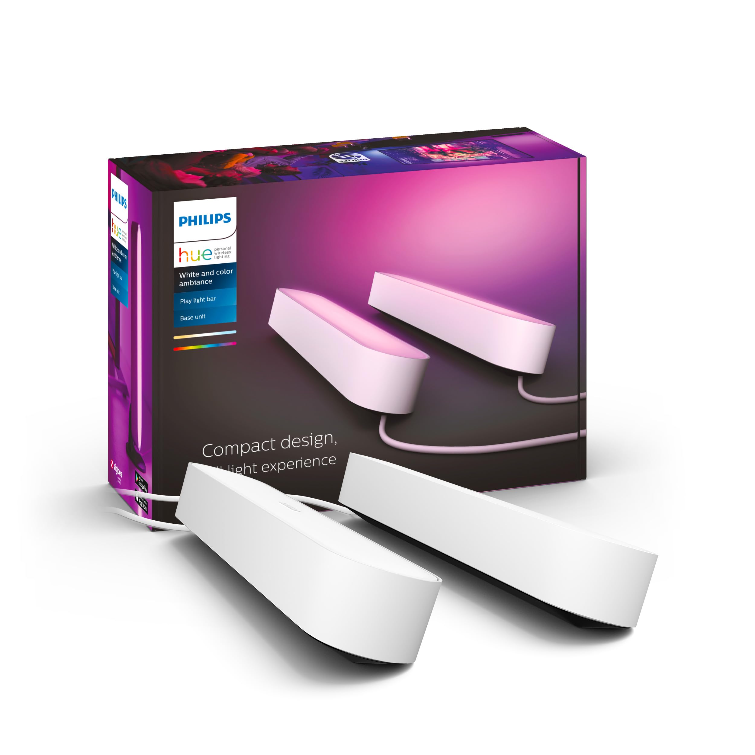 Philips Hue Play White  Colour Ambiance 2 Barre Luminose RGB, Luce d'intrattenimento per TV e Gaming, compatibile con Amazon Alexa, Google Assistant e Apple Homekit, Bianca