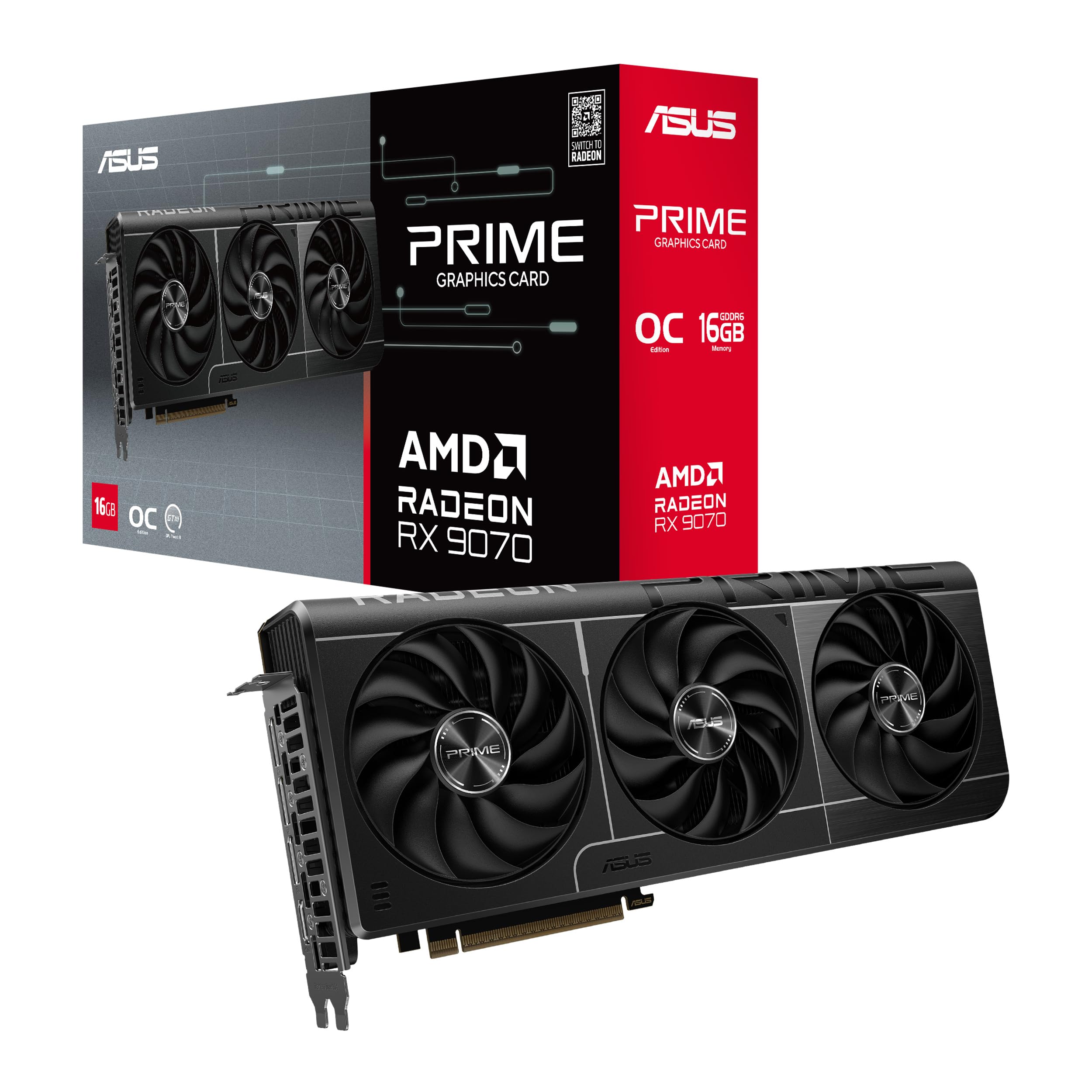 ASUS PRIME AMD RX 9070 OC Edition, Scheda Grafica 16 GB GDDR6, 256 Bit, PCIe 5.0, 1 HDMI 2.1, 3 DisplayPort 2.1, Software GPU Tweak III, Nero, PRIME-RX9070-O16G