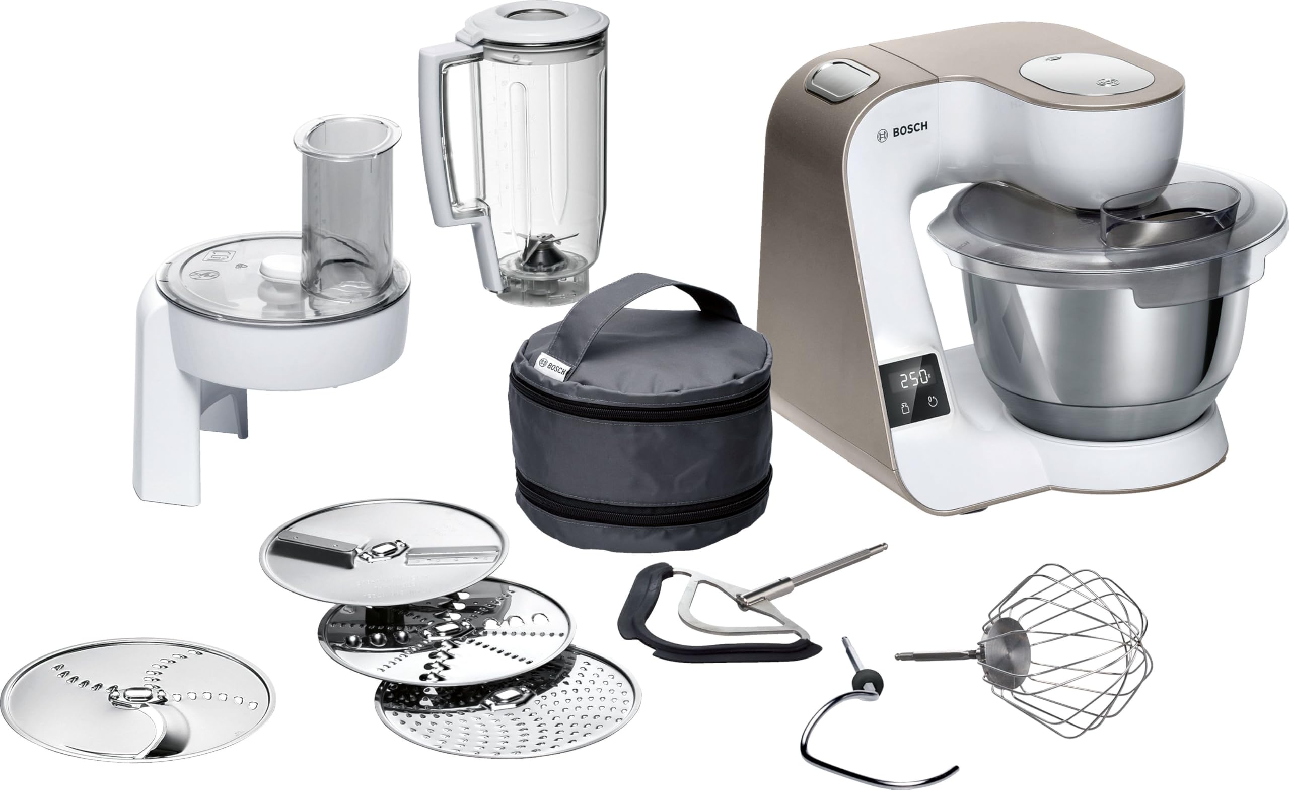 Bosch Serie 4 Planetaria MUM5XW20, 1000W, Ciotola in Acciaio Inox da 3,9 L, 7 Livelli di Velocità, Timer Integrato, Fruste, Gancio, Frullatore e Dischi Vari Inclusi, Lavabili in Lavastoviglie, Bianco