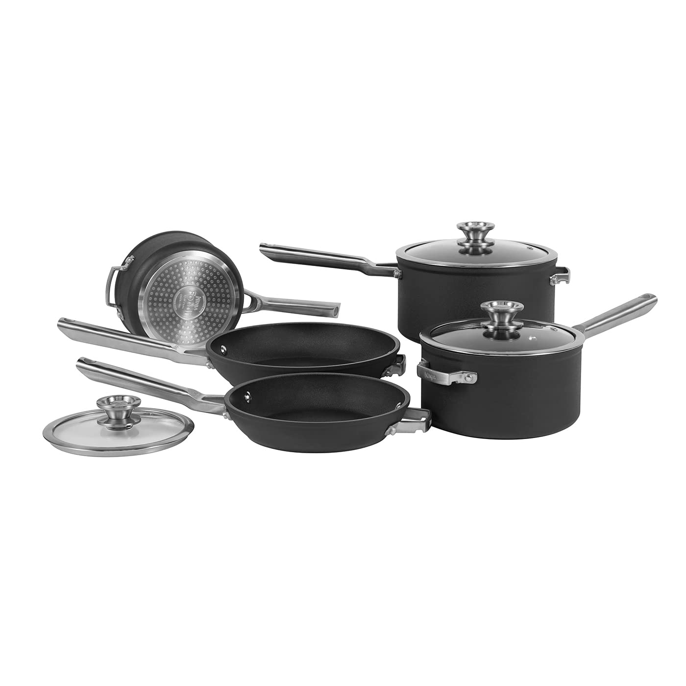 Ninja Foodi ZEROSTICK Set 3 Pentolini con Coperchio, 16cm, 18cm e 2 cm, 2 Padelle da 24cm e 28 cm, Antiaderenti, Compatibili con Piastra a Induzione, Lavastoviglie e Forno Fino a 260°C C55000EU
