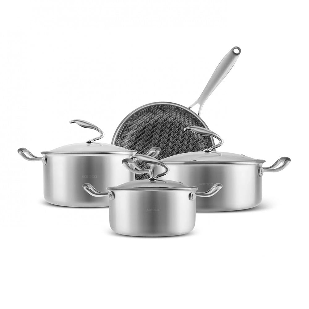 Karaca PowerSteel 316+ - Set di pentole a 5 strati in acciaio inox 316+, 7 pezzi, pentole e padelle antiaderenti con coperchi, set da cucina per cucinare tutti i giorni, elegante set di padelle a