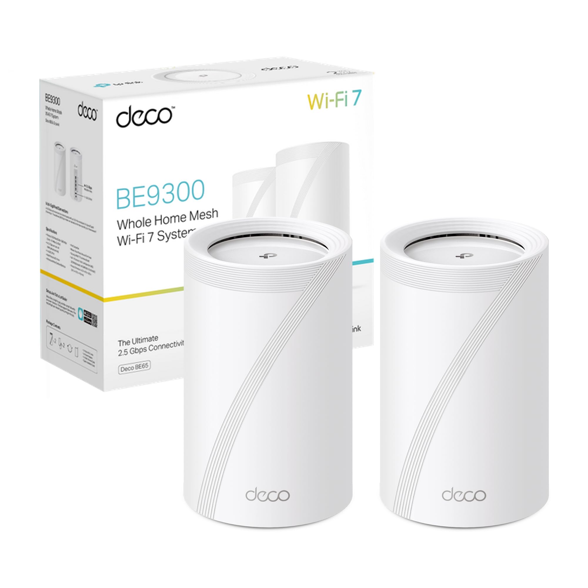 TP-Link WiFi 7 Deco BE65(2-pack) Router Mesh WiFi, BE 9214Mbps Tri-Band, Canali 320 MHz, Porta Ethernet da 2,5 Gbps, Alexa, Funziona con Qualsiasi ISP e Modem, 2 Pezzi