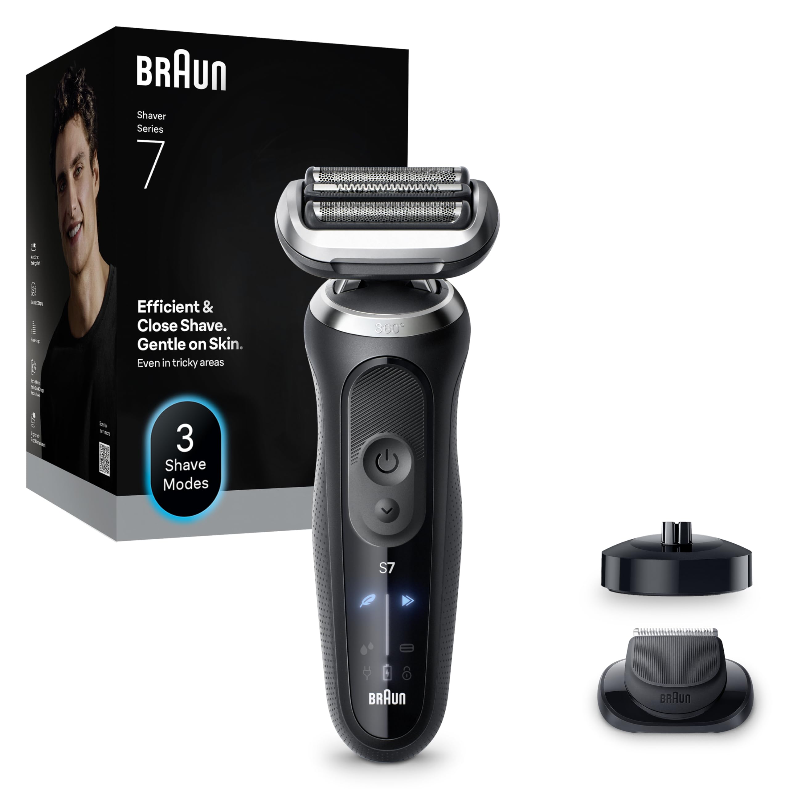 Braun Serie 7 Rasoio Elettrico Barba, WetDry, Regolabarba Uomo, Rasoio Barba, 60 Min Di Utilizzo, Base di Ricarica, +1 Accessorio, Senza Fili, 100% Impermeabile, Regolabarba Braun 72-N4200S, Nero