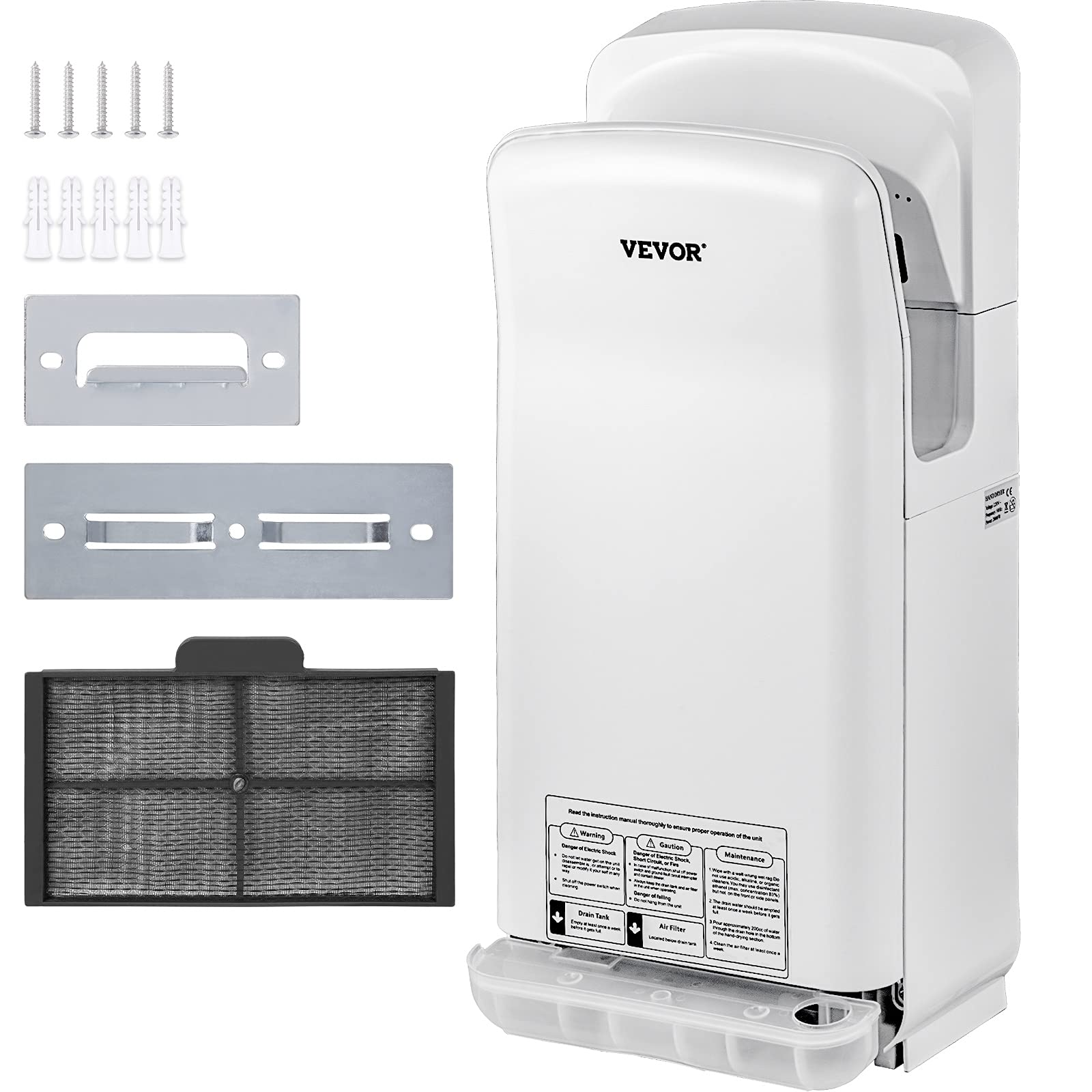 VEVOR Asciugamani Elettrico 2000W Verticale, Asciugamani Automatico Elettrico con Filtrazione HEPA, Asciugamani ad Aria Calda a Temperatura 43℃ in Bianco per Asciugare Le Mani Velocemente