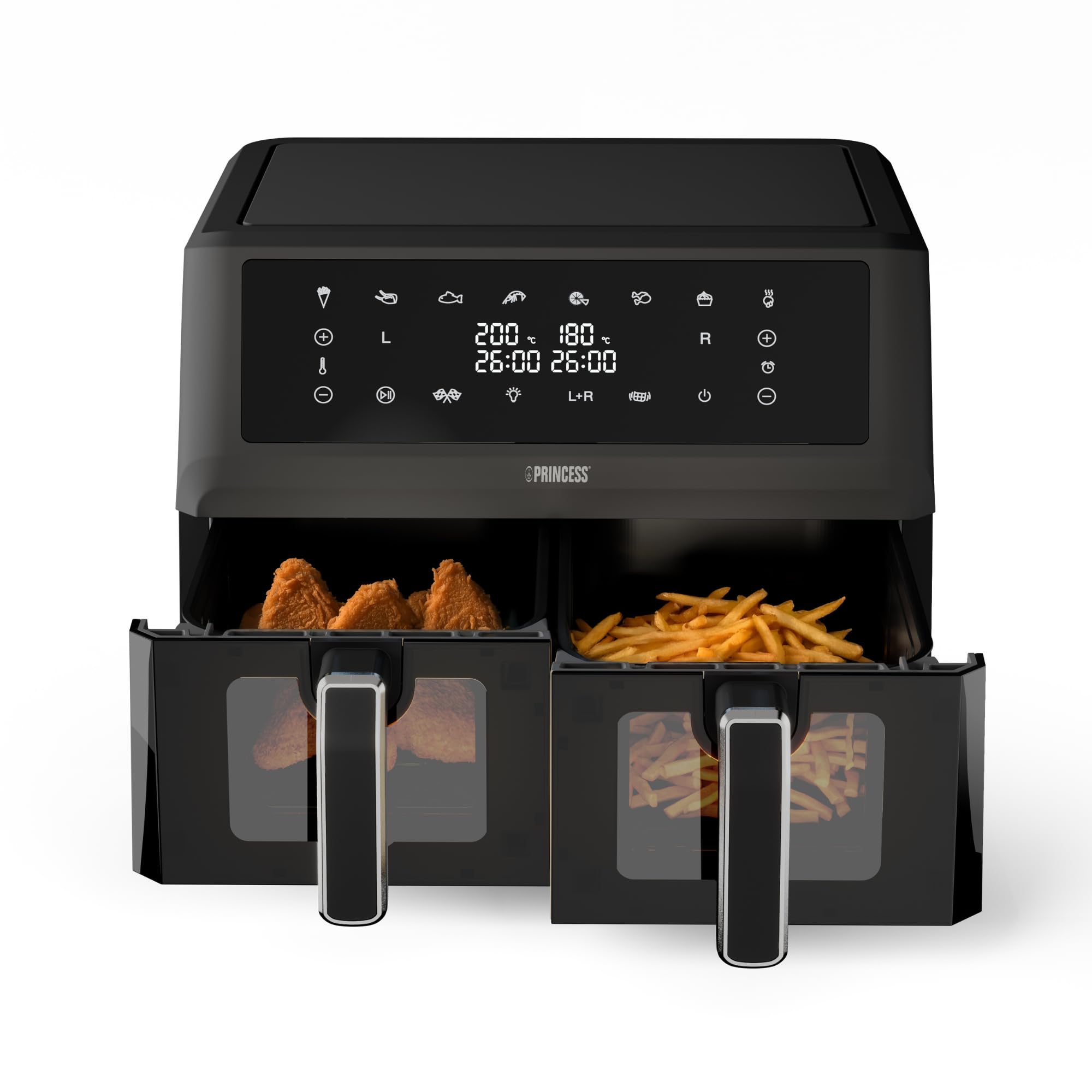 Princess XXL Friggitrice senza olio con doppio cestello - 11 L - Senza BPA e PFAS - Fine cottura sincronizzato - 8 programmi - Finestra di visualizzazione - 2400 W - 2x5,5 L - 182276