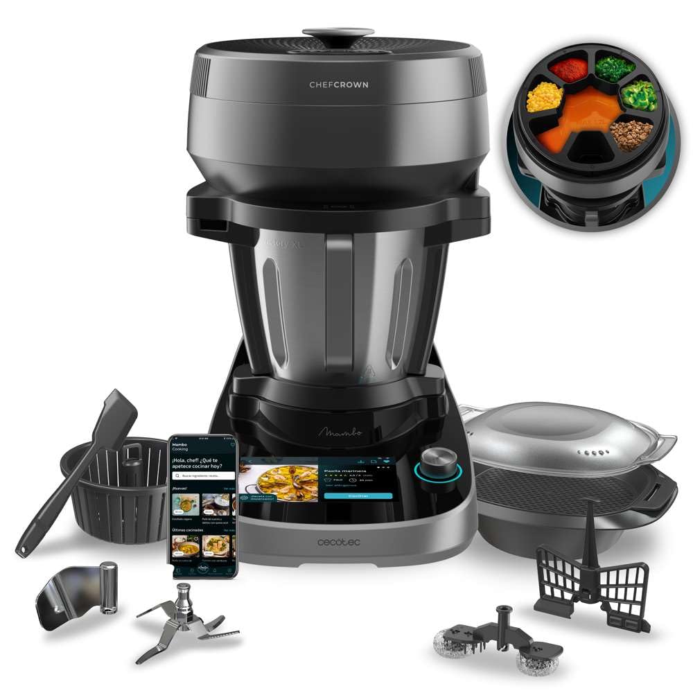 Cecotec Robot da Cucina Multifunzione con Dispensatore di Alimenti Mambo CooKing Victory. 1700 W, 45 Funzioni, Migliaia di Ricette Guidate, Brocca Victory da 5L, Acc: Vaporiera o Cestello per Bollire